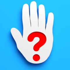 White-colored hand sign and red-colored question mark symbol. On blue-colored background. Square composition with copy space. Isolated with clipping path.
