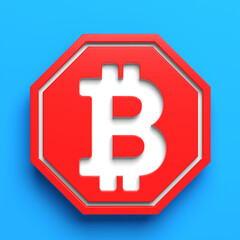 White-colored Bitcoin Symbol and red-colored stop sign. On blue-colored background. Square composition with copy space. Isolated with clipping path.