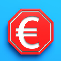 White-colored Euro Symbol and red-colored stop sign. On blue-colored background. Square composition with copy space. Isolated with clipping path.