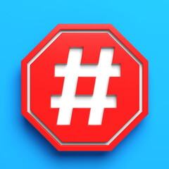 Obraz premium White-colored hashtag symbol and red-colored stop sign. On blue-colored background. Square composition with copy space. Isolated with clipping path.