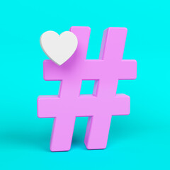 Pink-colored hashtag symbol and white-colored heart shape. On turquoise-colored background. Square composition with copy space. Isolated with clipping path.