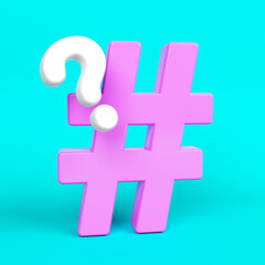 Pink-colored hashtag symbol and white-colored question mark. On turquoise-colored background. Square composition with copy space. Isolated with clipping path.
