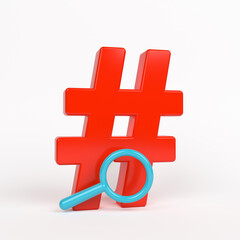 Red-colored hashtag symbol and turquoise-colored magnifying glass. On white-colored background. Square composition with copy space. Isolated with clipping path.