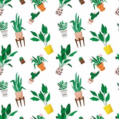 Fototapeta na wymiar Decorative seamless pattern with indoor plants in clay pots isolated on white. Background with floral elements of home landscaping for printing on fabric, wallpaper. Cartoon flat vector illustration
