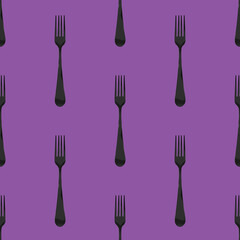 Seamless pattern. Fork top view on violet purpur background. Template for applying to surface. Flat lay. 3D image. 3D rendering.