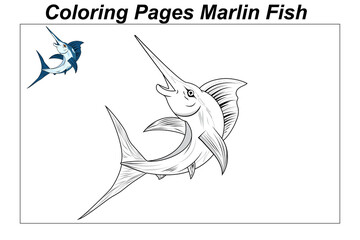 Coloring pages. Marine wild animals. ittle marlin fish underwater. illustration in a cartoon style for a coloring book