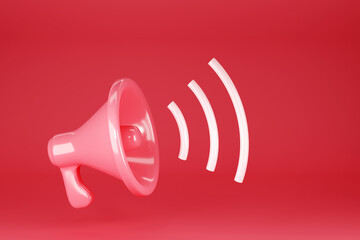 Red megaphone with light sound waves on red background