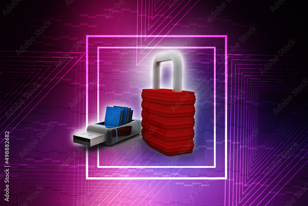Poster 3d rendering folders in pendriver protection lock