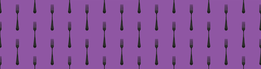 Seamless pattern. Fork top view on violet purpur background. Template for applying to surface. Flat lay. Banner for insertion into site. 3D image. 3D rendering.