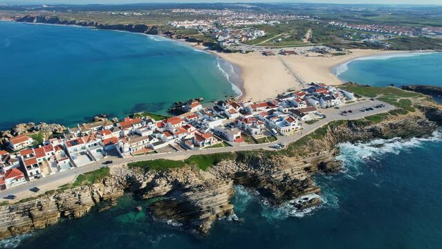 Aerial view of Portuguese ocean coast, the peninsula of Peniche, Baleal surf village, seascape in Portugal, surfing travel destination