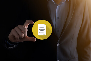 Businessman man holding a document icon in his hand Document Management Data System Business...