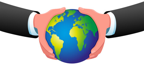 Earth globe in hands on white background.