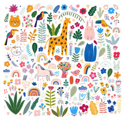 Abstract doodles. Baby animals and flowers pattern. Vector illustration with cute animals. Nursery baby illustration - 498883882