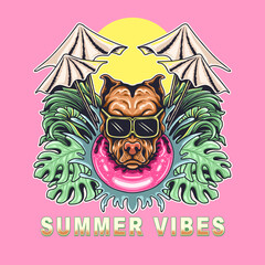 PitBull Dog Head Summer Vibes Vector Illustration