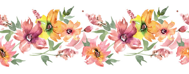 Horizontal Seamless Watercolor Floral Border. High quality illustration