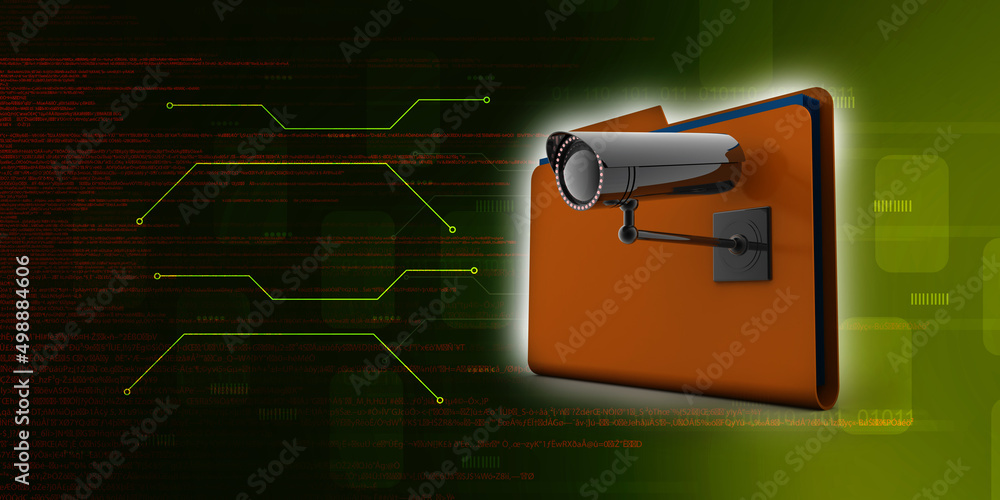 Poster 3d rendering surveillance cctv security camera with folder