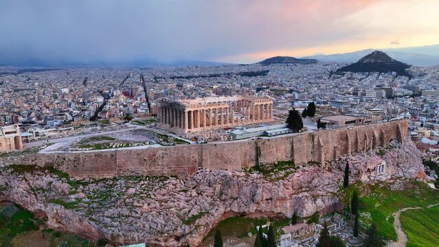 Parthenon of Athens at dawn, sunrise in Greek capital Athens, aerial view of Acropolis, classical ancient Greek monument
