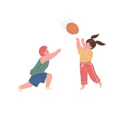 Fototapeta premium Vector flat cartoon kid characters enjoy sport activities,little athletes play volleyball-children's sport,healthy sporty lifestyle social concept,web site ad banner design