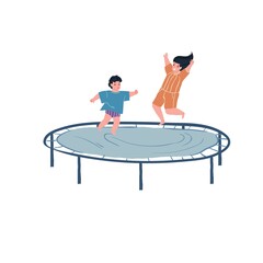 Vector cartoon flat kid characters having fun,happily playing,jumping on trampoline-children's fashion,happy childhood and healthy family relationships social concept,web site banner ad design