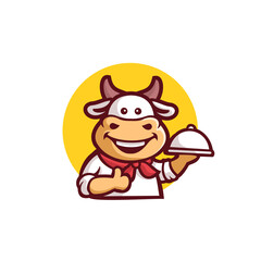 Cow chef cute cartoon mascot logo vector