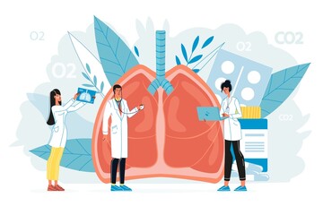 Tiny doctor examining giant lungs respiratory system. Medic pulmonology specialist team testing patient on pneumonia, tuberculosis or coronavirus complications