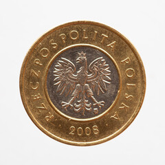 Poland - circa 2008 : a tow zloty coin of Poland showing the heraldic animal of Poland the eagle...