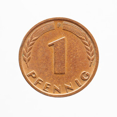 Germany - circa 1950: a 1 Pfennig coin of Germany showing a the number 1 with an ear of grain