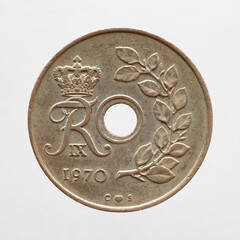 Denmark - circa 1970: a 25 ore of denmark showing the crowned monogram of Frederik IX .