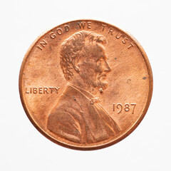 USA - circa 1987: a USA one cent coin showing the portrait of President Abraham Lincoln . Text: In god we trust - obrazy, fototapety, plakaty