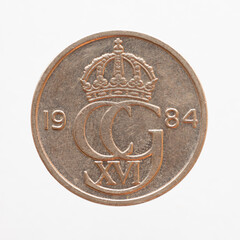 Sweden - circa 1984: 50 ore coin of Sweden showing the monogram with crown of King Carl XVI. Gustav of Sweden