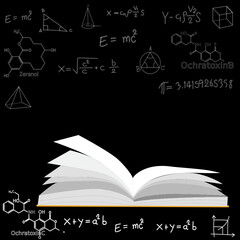 Book on theme of science and chemistry. Structural formulas of substances. Book white outline on background. Vector illustration in sketch style. Vector illustration of Mathematics. Mathematics