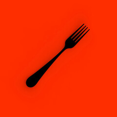 Fork is black on red background. Isolated object. Square image. 3D image. 3D rendering.