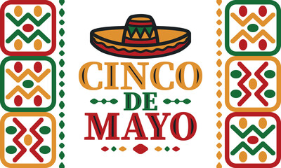 Cinco de Mayo in Mexico. Traditional mexican fiesta in May. National happy holiday with carnival, festival and parade. Latin american and spanish pattern. Illustration with sombrero. Vector poster