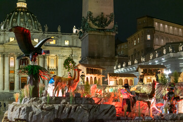 The Presepio from the St. Peter's Square for the holidays on a rainy evening, Italy