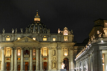 St. Peter's Basilica for the holidays on a rainy evening, Italy