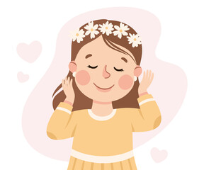 Self-love with Little Girl Admiring Herself Loving Her Appearance Vector Illustration