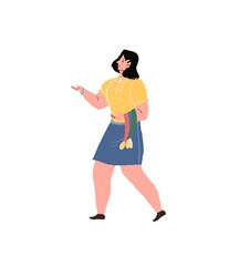 Vector cartoon flat woman character in trendy outfit emotionally gesticulate-positive emotions,friendship,relationships,social communication concept,web site banner ad design