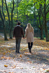 Fototapeta premium A couple in love in a park in autumn, holding hands and walking. 