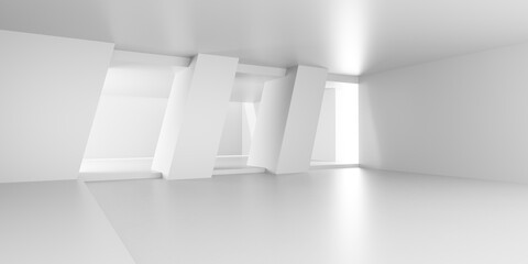 3d render of white empty concrete room with illuminate light and shadow on the wall. Contemporary architecture design.