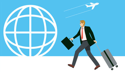 スーツケースを持った8等身のビジネスマンのイラスト白人系コーカソイドの男性　グローバル地球と飛行機のアイコン