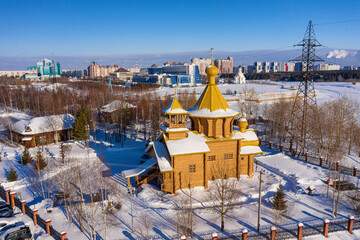 Surgut city in winter. Historical and cultural center "Old Surgut". Aerial view.