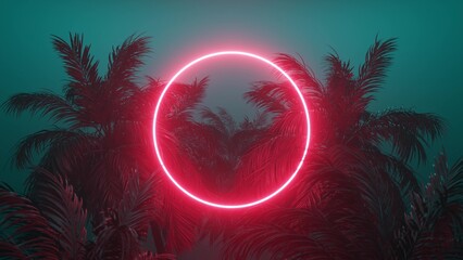 Retrowave glowing rectangle frame appears in the tropical palm tree