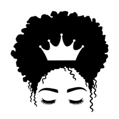Woman face with eyelashes and crown. Afro Women. African American Woman. Vector illustration.  Isolated on white background. Good for posters, t shirts, postcards.
