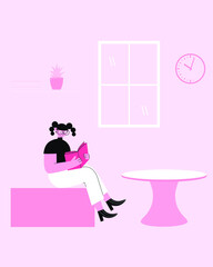 Pink Minimalist Woman Reading Book Illustration Canvas Print