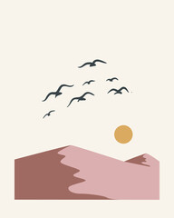 Pink Pastel Mountain Bird Illustration Line Art Drawing Canvas Print