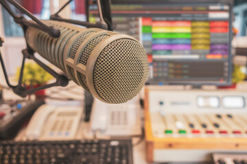 Radio station studio: Professional microphone and sound mixer