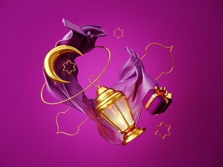 Ramadan Kareem greeting template with arabic lantern, moon, gift, presents and stars. Holiday light background for advertising products - 3d render illustration for cards, greetings.