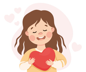 Self-love with Little Girl Holding Heart Admiring Herself Loving Her Appearance Vector Illustration