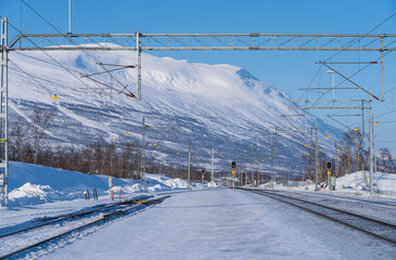 Railway tracks at Abisko Ostra, in Swedish Lapland, a popular travel destination.