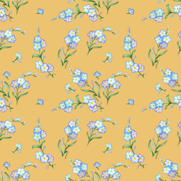 Watercolor hand painted floral seamless pattern. Beautiful blu flowers forget-me-not with yellow background. Spring wallpaper. Elegant decorative illustration, perfect for scrapbooking paper.